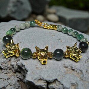 Cerberus Triple Wolf Bracelet With Green Gemstone Beads.  Greek myth jewelry.